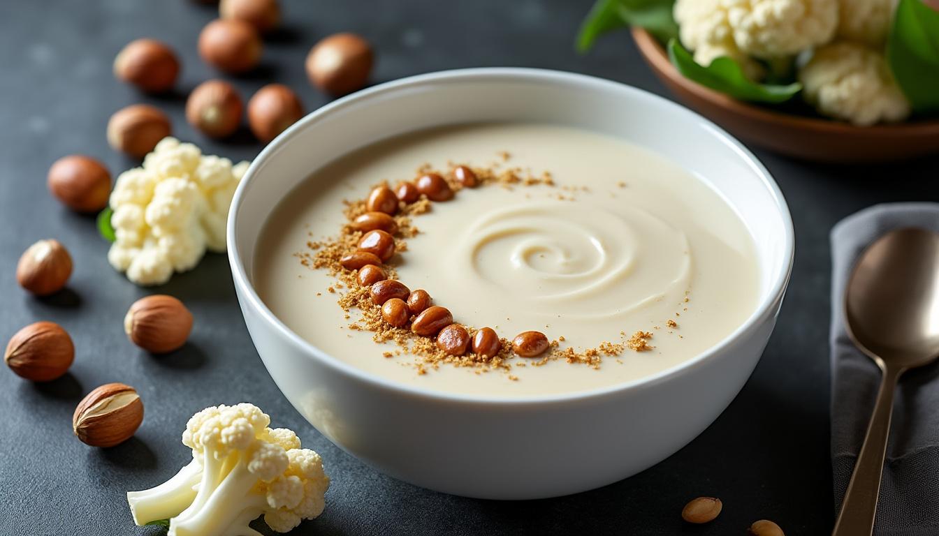 scopri la crema di cavolfiore con nocciole tostate, una ricetta elegante e raffinata che unisce sapori delicati e croccanti per un'esperienza gustativa unica.