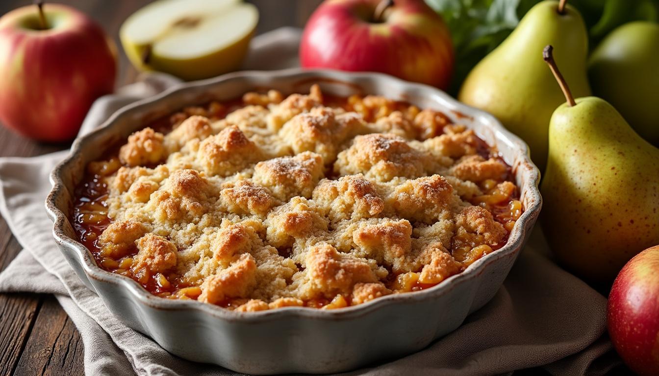 scopri la ricetta del crumble di mele e pere, un dolce veloce e gustoso perfetto per sfruttare la frutta di stagione. facile da preparare e ideale per ogni occasione.