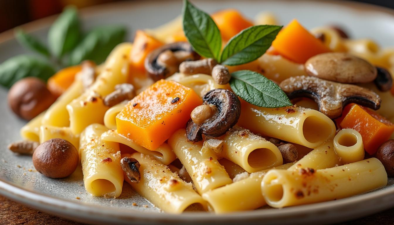 deliziosa pasta al forno bianca con verdure autunnali, un piatto senza ragù perfetto per celebrare i sapori autunnali in modo leggero e genuino.