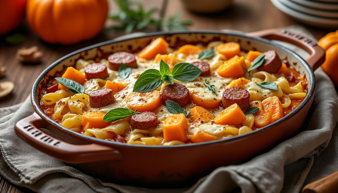 scopri la ricetta della pasta al forno con zucca e salsiccia, un comfort food perfetto per riscaldare le sere d'autunno con sapori ricchi e avvolgenti.