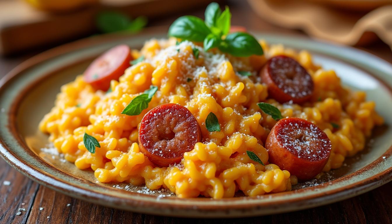 scopri il sapore autentico del risotto alla zucca e salsiccia, un abbinamento classico che unisce dolcezza e sapidità in un piatto tradizionale italiano.