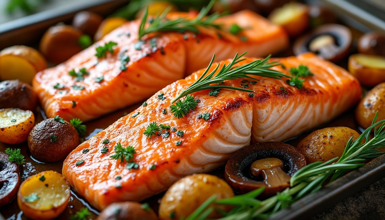delizioso salmone al forno con patate e funghi, una cena completa e facile da preparare in teglia, perfetta per ogni occasione.
