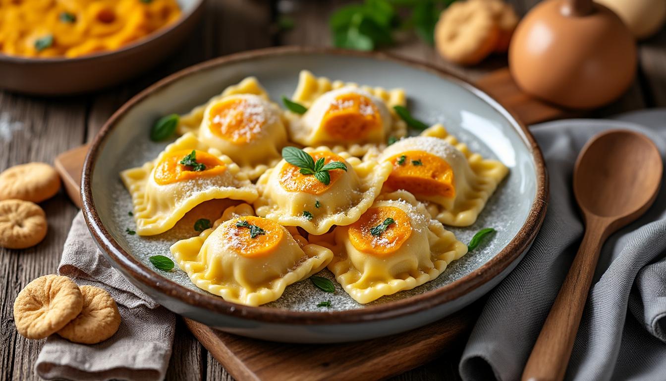 scopri la ricetta tradizionale dei tortelli di zucca alla mantovana, un piatto tipico arricchito dal delicato sapore degli amaretti per un'autentica esperienza culinaria italiana.