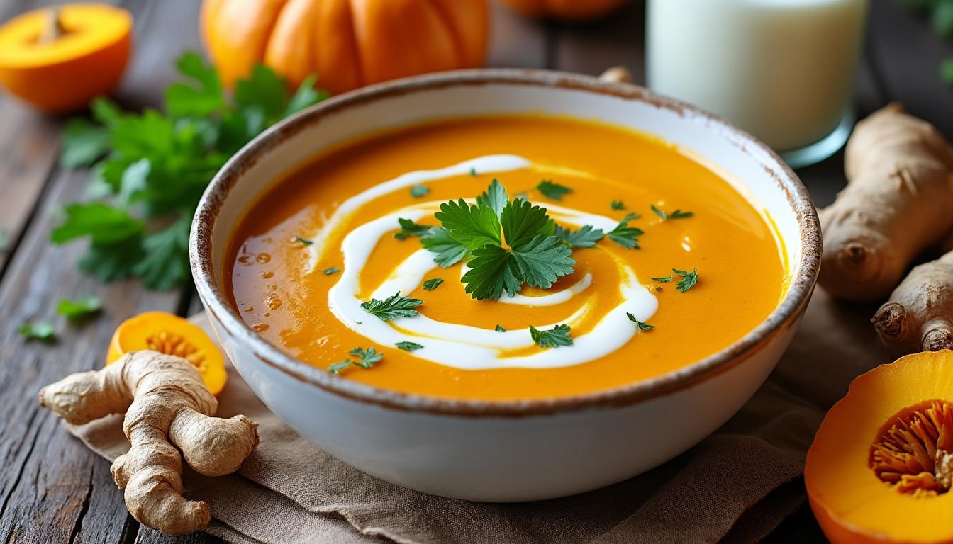 scopri la ricetta facile e veloce della vellutata di zucca e zenzero, cremosa e saporita, pronta in soli 20 minuti per un comfort food autunnale perfetto.