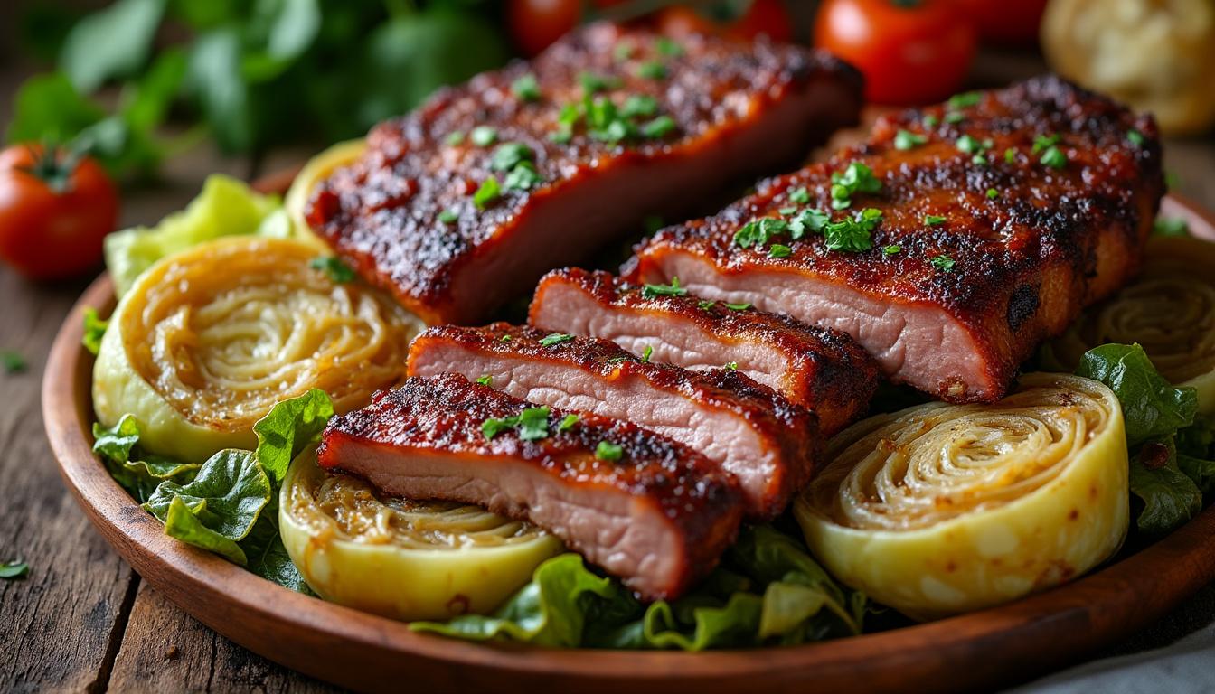 deliziose costine di maiale accompagnate da verza, un piatto unico sostanzioso e saporito, perfetto per un pasto ricco e confortante.