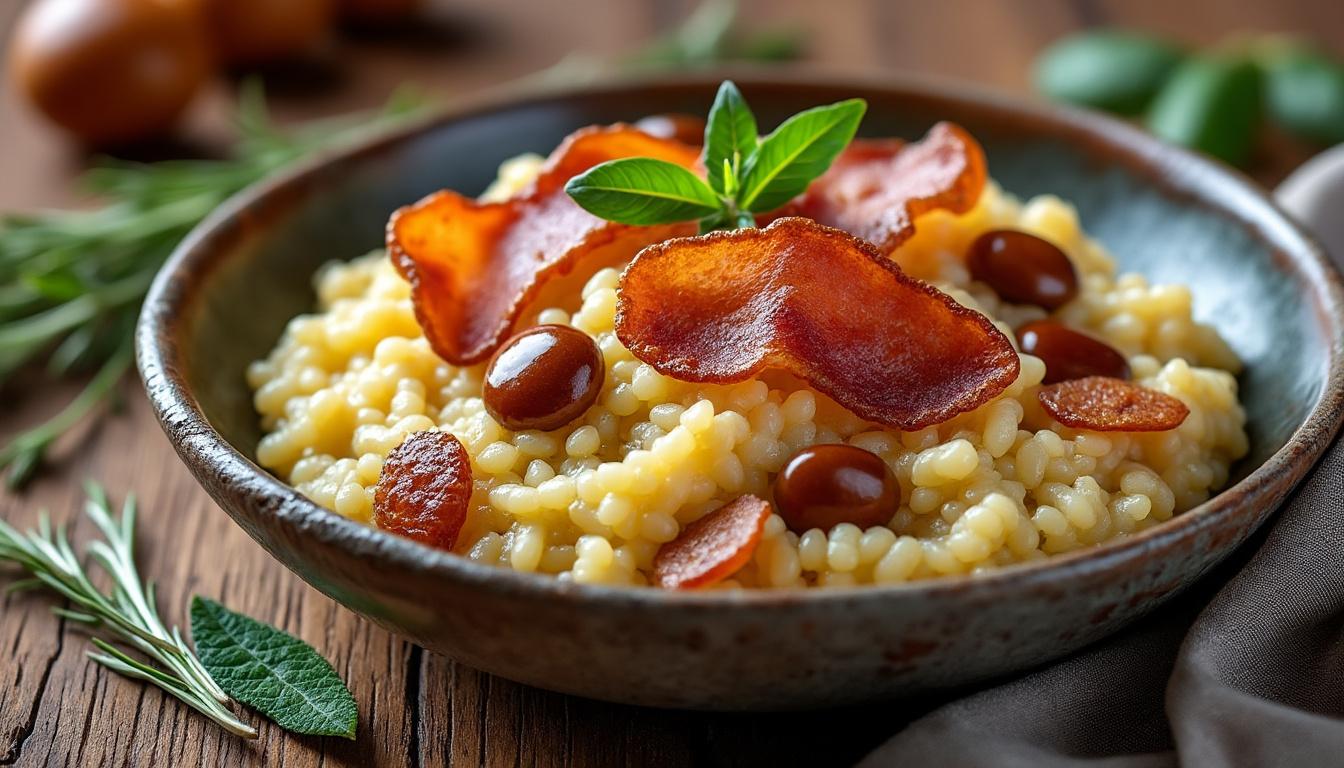 scopri il delizioso connubio del risotto alle castagne e speck, un piatto tradizionale ricco di sapori autunnali e perfetto per ogni occasione.