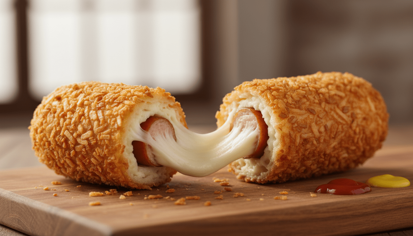 scopri il korean corn dog gamja-hotdog, una variante croccante con patate e formaggio per un'esplosione di sapori fusion irresistibili.