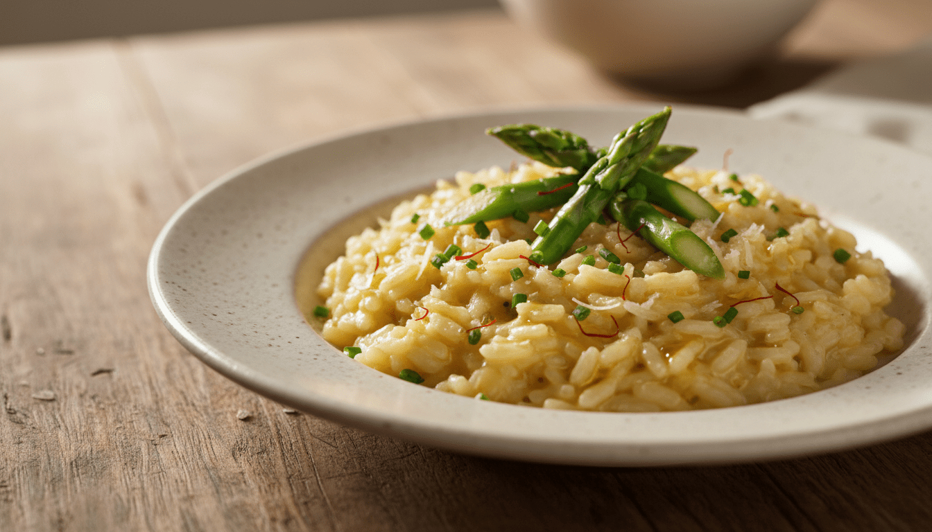 scopri il risotto agli asparagi e zafferano, una ricetta cremosa e gustosa senza panna, perfetta per un pasto elegante e leggero.